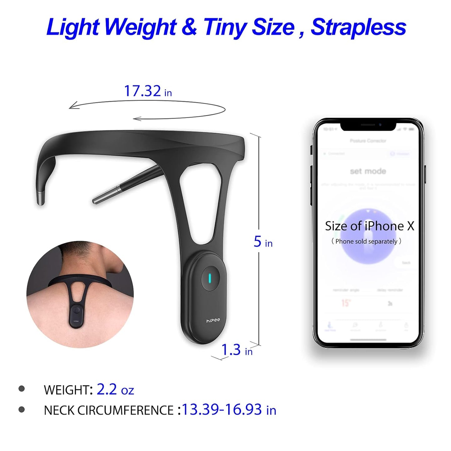 hipee P1 Smart Posture Trainer & Corrector, Control with App, Check Posture in Real Time, Strapless, Boost Health & Temperament